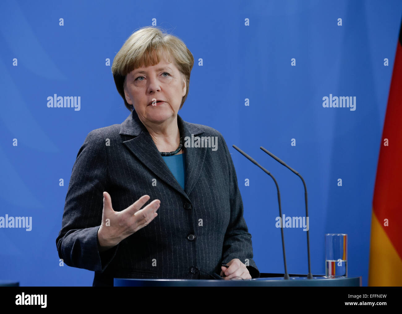 Berlin, Germany. 03rd Feb, 2015. Prime Minister of Singapore Lee Hsien Loong and and the German Chancellor Angela Merkel give a joint press conference after meeting at the German Chancellery on February 03, 2015 in Berlin, Germany. / Picture: German Chancellor Angela Merkel. Credit:  Reynaldo Chaib Paganelli/Alamy Live News Stock Photo