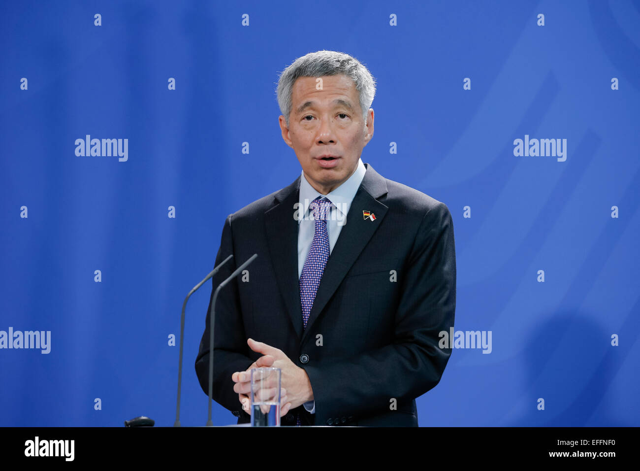 Berlin, Germany. 03rd Feb, 2015. Prime Minister of Singapore Lee Hsien Loong and and the German Chancellor Angela Merkel give a joint press conference after meeting at the German Chancellery on February 03, 2015 in Berlin, Germany. / Picture: Prime Minister of Singapore Lee Hsien Loong. Credit:  Reynaldo Chaib Paganelli/Alamy Live News Stock Photo