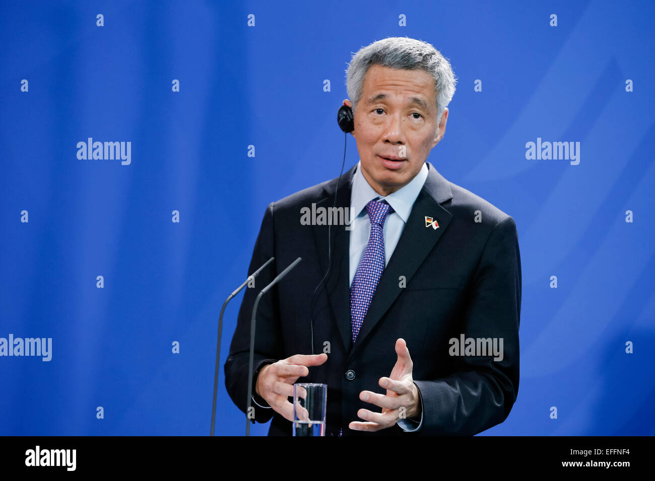 Berlin, Germany. 03rd Feb, 2015. Prime Minister of Singapore Lee Hsien Loong and and the German Chancellor Angela Merkel give a joint press conference after meeting at the German Chancellery on February 03, 2015 in Berlin, Germany. / Picture: Prime Minister of Singapore Lee Hsien Loong. Credit:  Reynaldo Chaib Paganelli/Alamy Live News Stock Photo