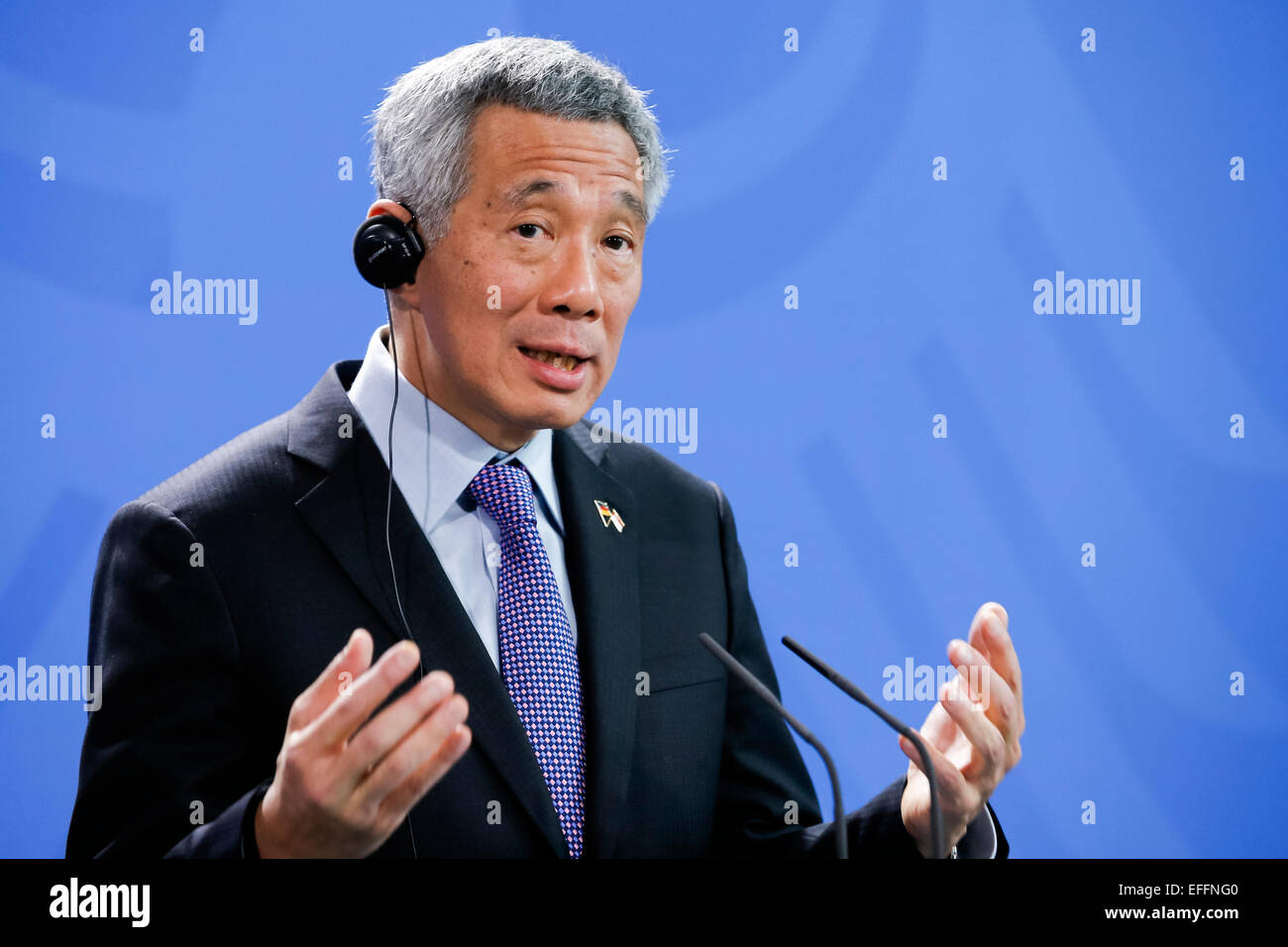 Berlin, Germany. 03rd Feb, 2015. Prime Minister of Singapore Lee Hsien Loong and and the German Chancellor Angela Merkel give a joint press conference after meeting at the German Chancellery on February 03, 2015 in Berlin, Germany. / Picture: Prime Minister of Singapore Lee Hsien Loong. Credit:  Reynaldo Chaib Paganelli/Alamy Live News Stock Photo