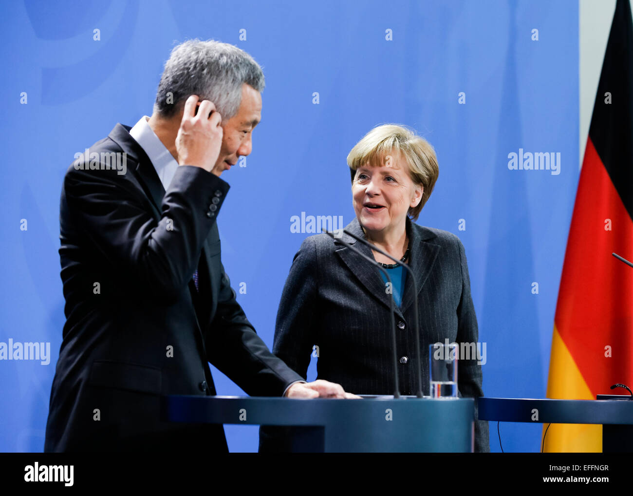 Berlin, Germany. 03rd Feb, 2015. Prime Minister of Singapore Lee Hsien Loong and and the German Chancellor Angela Merkel give a joint press conference after meeting at the German Chancellery on February 03, 2015 in Berlin, Germany. / Picture: German Chancellor Angela Merkel and Prime Minister of Singapore Lee Hsien Loong. Credit:  Reynaldo Chaib Paganelli/Alamy Live News Stock Photo