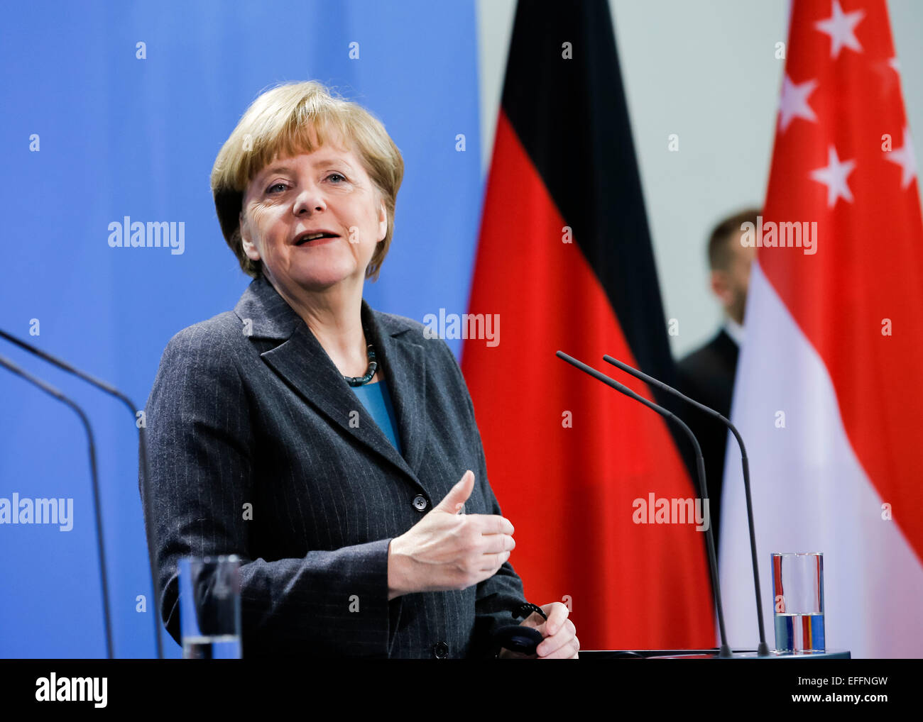 Berlin, Germany. 03rd Feb, 2015. Prime Minister of Singapore Lee Hsien Loong and and the German Chancellor Angela Merkel give a joint press conference after meeting at the German Chancellery on February 03, 2015 in Berlin, Germany. / Picture: German Chancellor Angela Merkel. Credit:  Reynaldo Chaib Paganelli/Alamy Live News Stock Photo