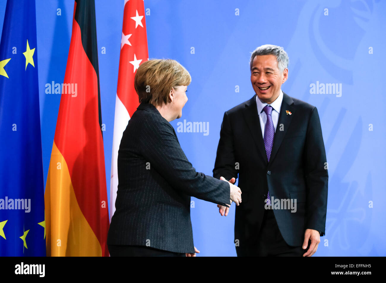 Berlin, Germany. 03rd Feb, 2015. Prime Minister of Singapore Lee Hsien Loong and and the German Chancellor Angela Merkel give a joint press conference after meeting at the German Chancellery on February 03, 2015 in Berlin, Germany. / Picture: German Chancellor Angela Merkel and Prime Minister of Singapore Lee Hsien Loong. Credit:  Reynaldo Chaib Paganelli/Alamy Live News Stock Photo