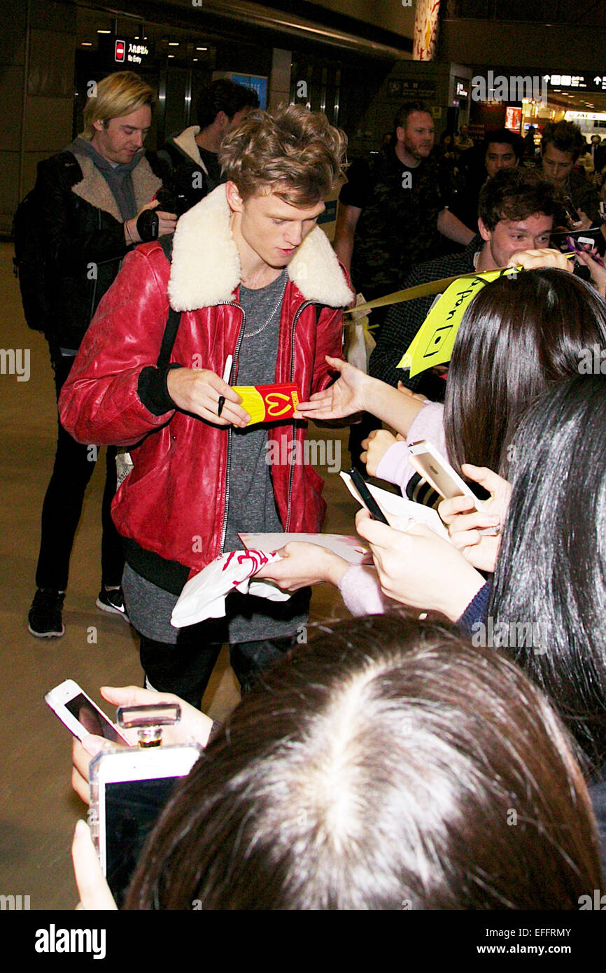 Tokyo, Japan. 3rd February, 2015. Tristan Evans, February 3, 2015, Chiba, Japan : Tristan Evans of 'The Vamps' arrives on February 3rd 2015. Japanese Fans greet young British pop group The Vamps at Narita Airport on Tuesday as the band fly in from Manila to play the last date of their headline Asia-Pacific Tour in Tokyo. Over 100 fans were waiting at the airport with homemade signs and gifts for the boys who seemed in good spirits. Credit:  Rodrigo Reyes Marin/AFLO/Alamy Live News Stock Photo