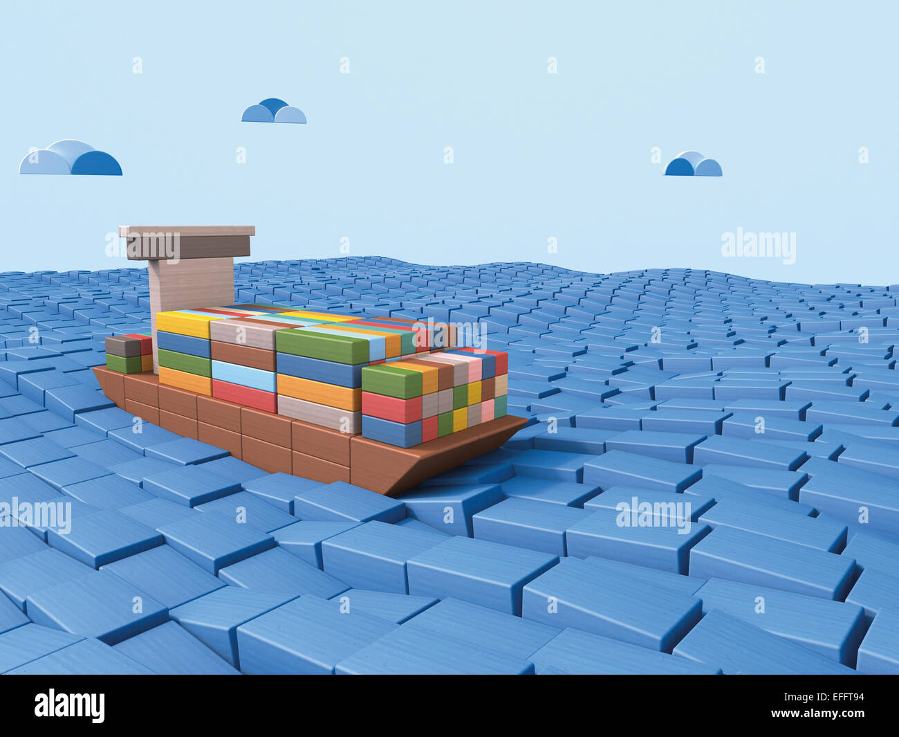 Shipping container ship made of building bricks, 3D Rendering Stock Photo