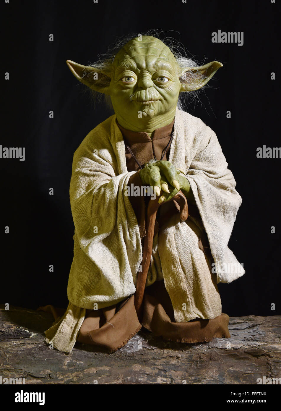 Berlin, Germany. 02nd Feb, 2015. The wax figure of Star Wars hero Yoda for the London Madame Tussauds in the wax museum in Berlin, Germany, 02 February 2015. Starting in May 2015 key scenes from the Star Wars films will be shown on authentic and accessible sets at the Berlin and London Madame Tussauds museums. Photo: JENS KALAENE/dpa/Alamy Live News Stock Photo
