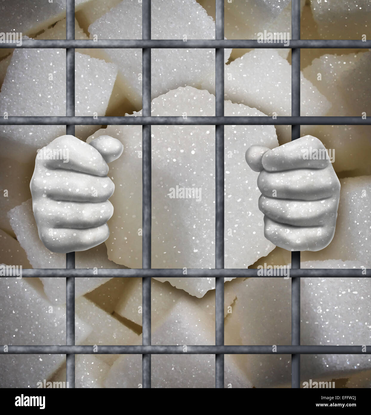 Sugar ban concept as cubes of sweet white granules behind bars in jail as a symbol for the health risk of sweeteners in our diet. Stock Photo