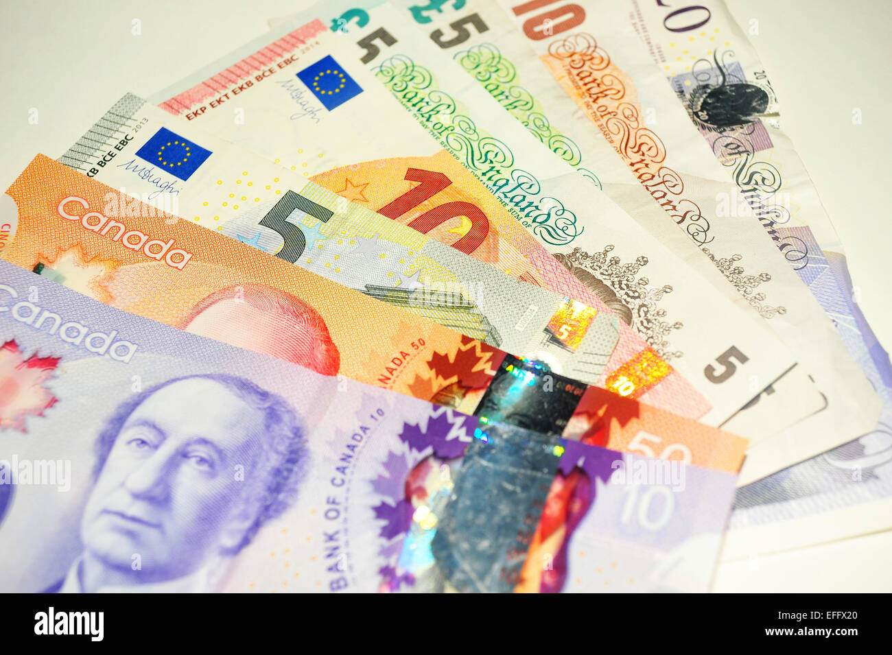 British Pound notes Canadian Dollar notes and European Euro notes