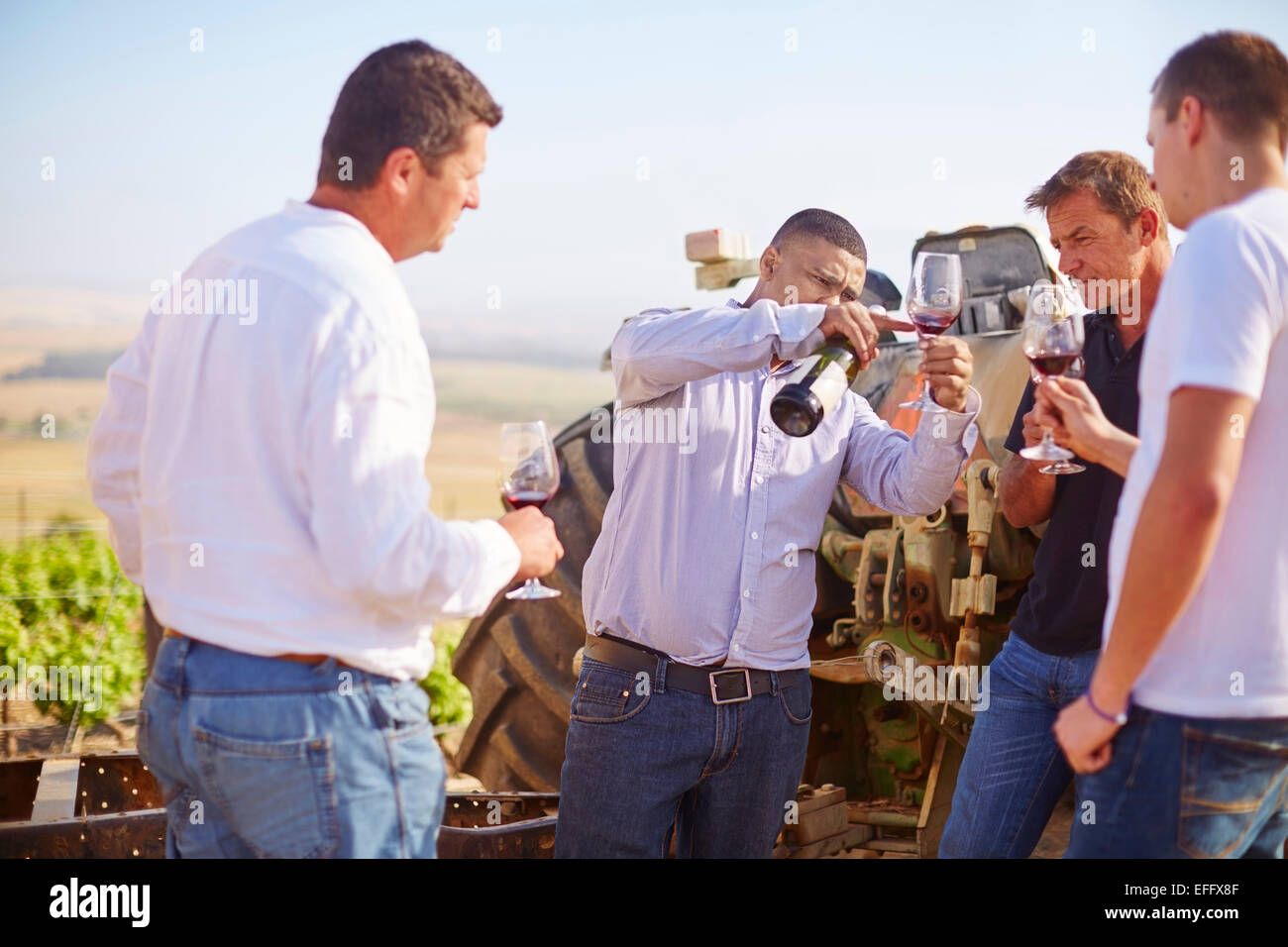 South Africa, Wine growers tasting wine in vinyard Stock Photo