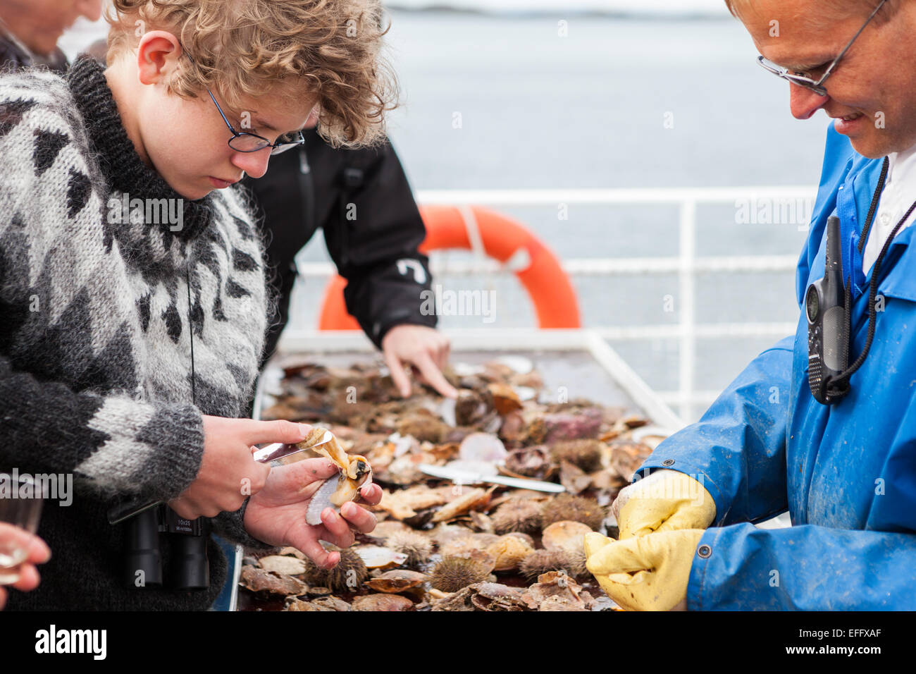 People eating fresh seafood, which was caught minutes ago, aboard a