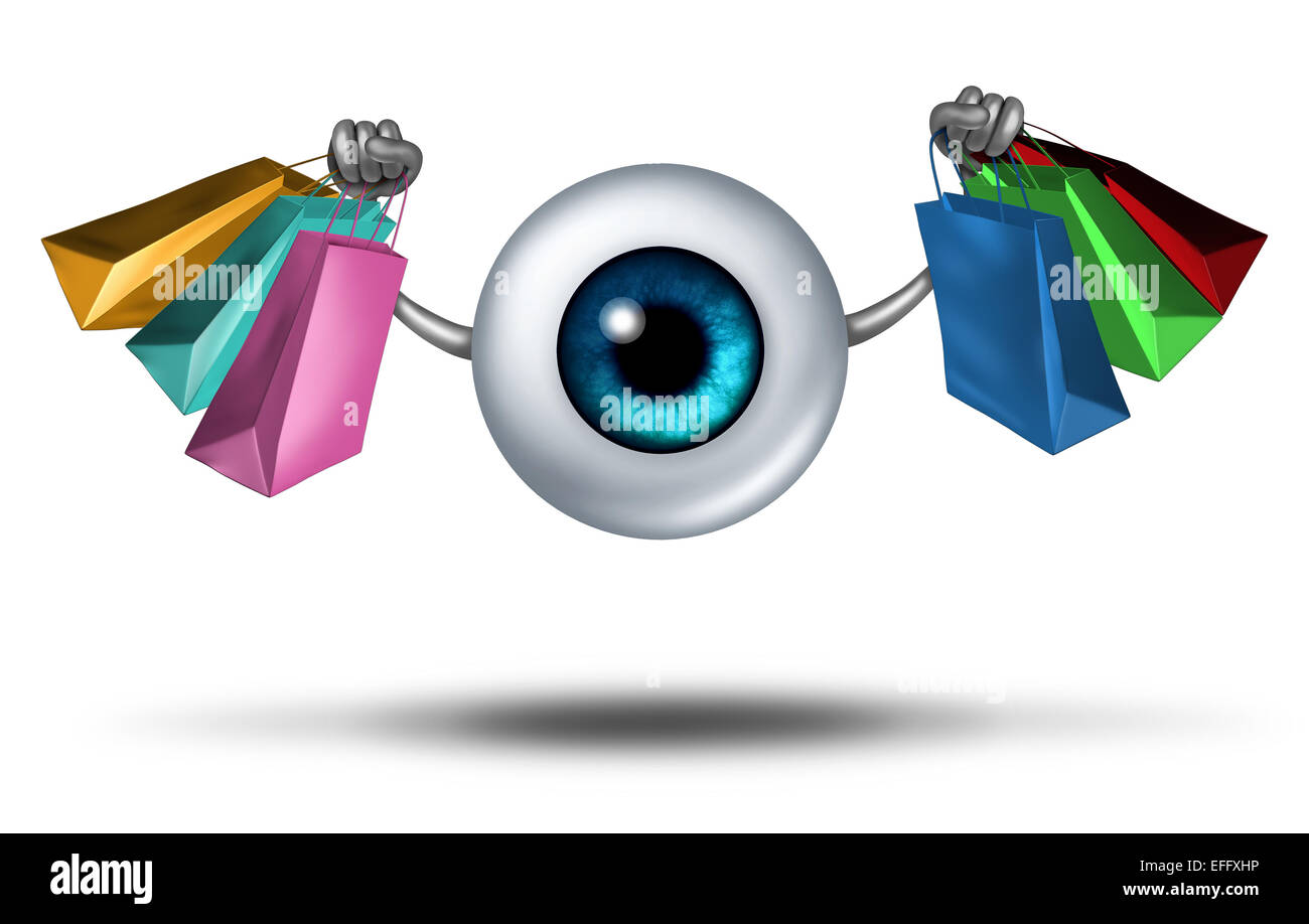 Consumer trends and shopping research and fashion trends follower concept as a human eyeball character holding shop bags as a retail buying symbol for customer protection. Stock Photo