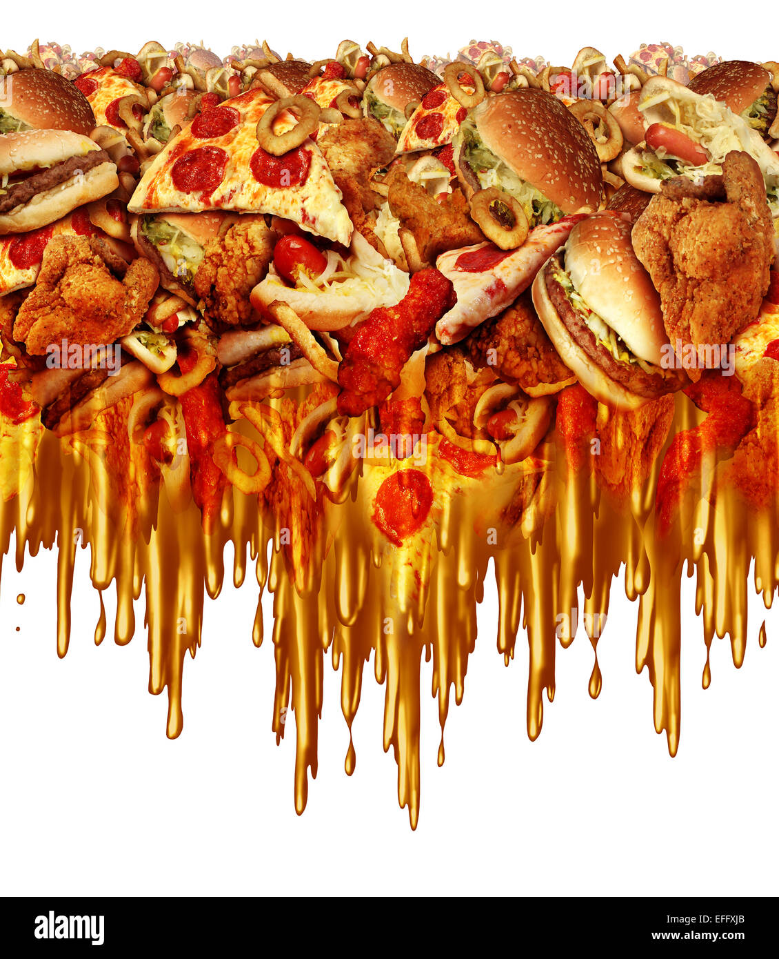 Greasy fast food concept with liquid driping grease as fried restaurant take out with onion rings burger and hot dogs and fried Stock Photo