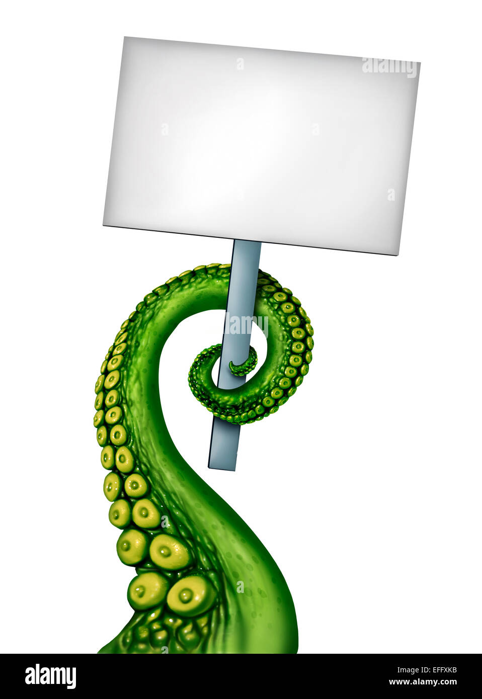 Alien creature banner as a blank sign with a creepy green ufo tentacle arm holding a white placard with copy space as a symbol for fantasy science fiction and scary creature from outer space. Stock Photo