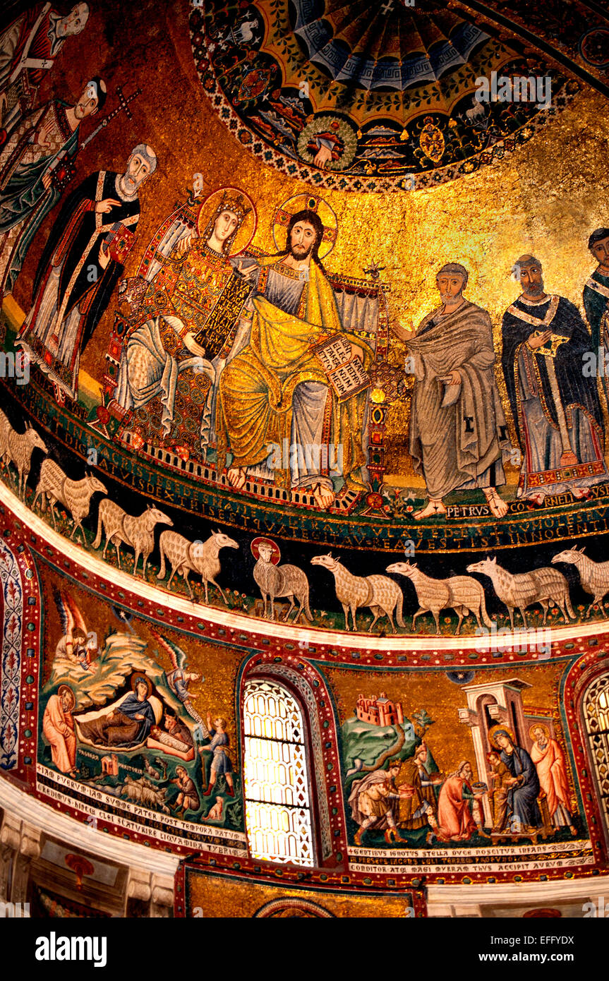 Golden 13th-century mosaics in the apse Basilica di Santa Maria  -  Dome of Santa Maria in Trastevere Rome Italy Italian Basilica of Our Lady in Trastevere Stock Photo
