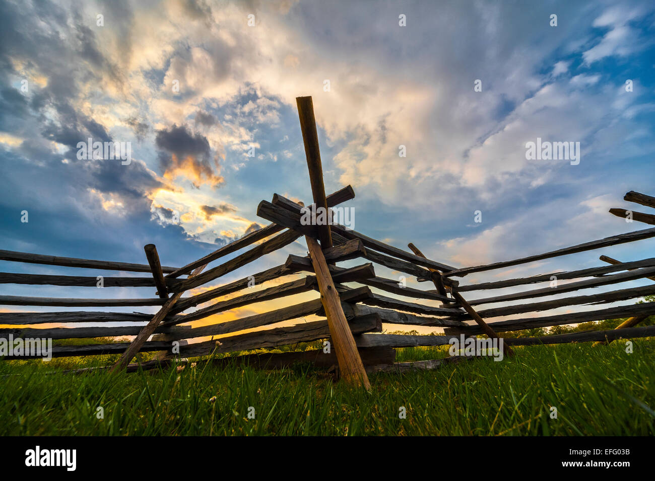 Worm fence or snake fence a split rail fence on Civil War Battlefield