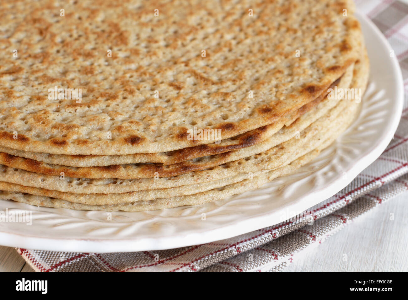 Staffordshire Oatcakes a savoury pancake made with oatmeal flour and yeast Stock Photo