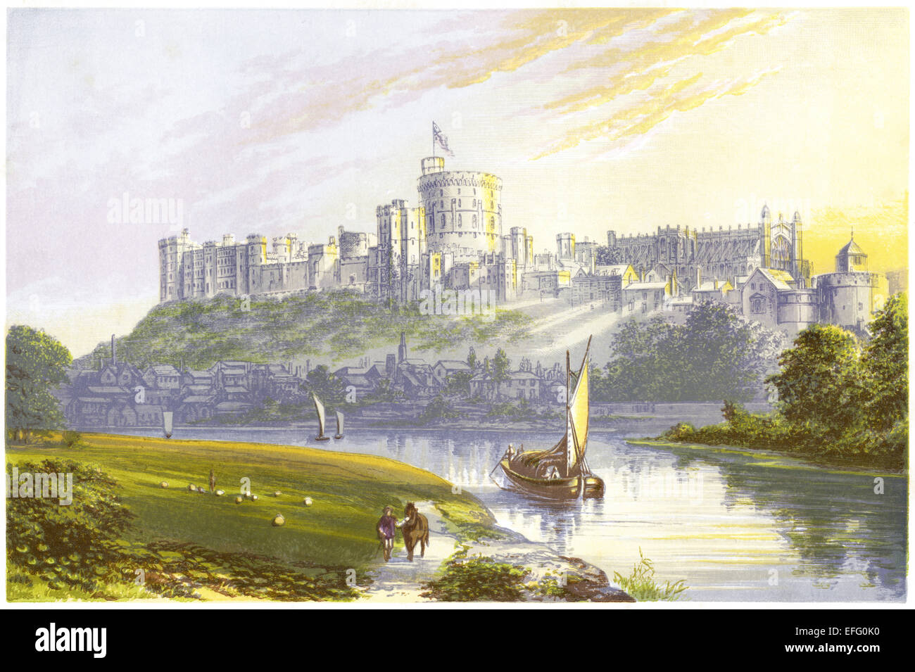 A coloured illustration of Windsor Castle and the town of Windsor scanned at high resolution from a book printed in 1870. Believed copyright free. Stock Photo