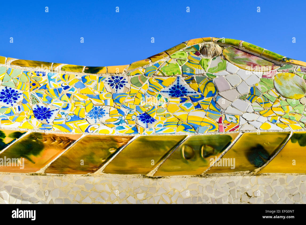 Ceramic bench. Park Guell designed by Antoni Gaudi architect. Barcelona