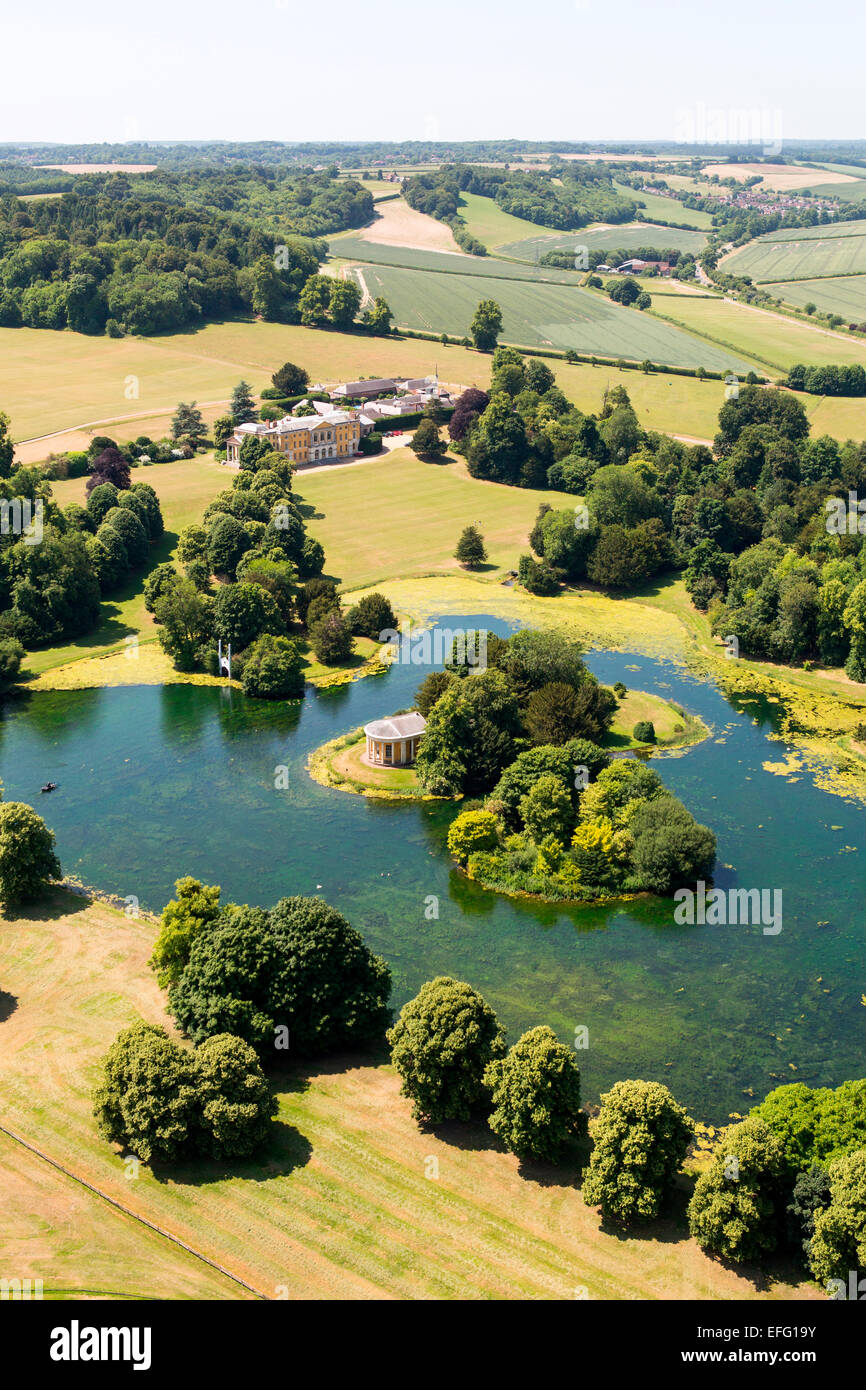 Aerial view of West Wycombe Park stately home and lake in rural landscape, Buckinghamshire, England Stock Photo