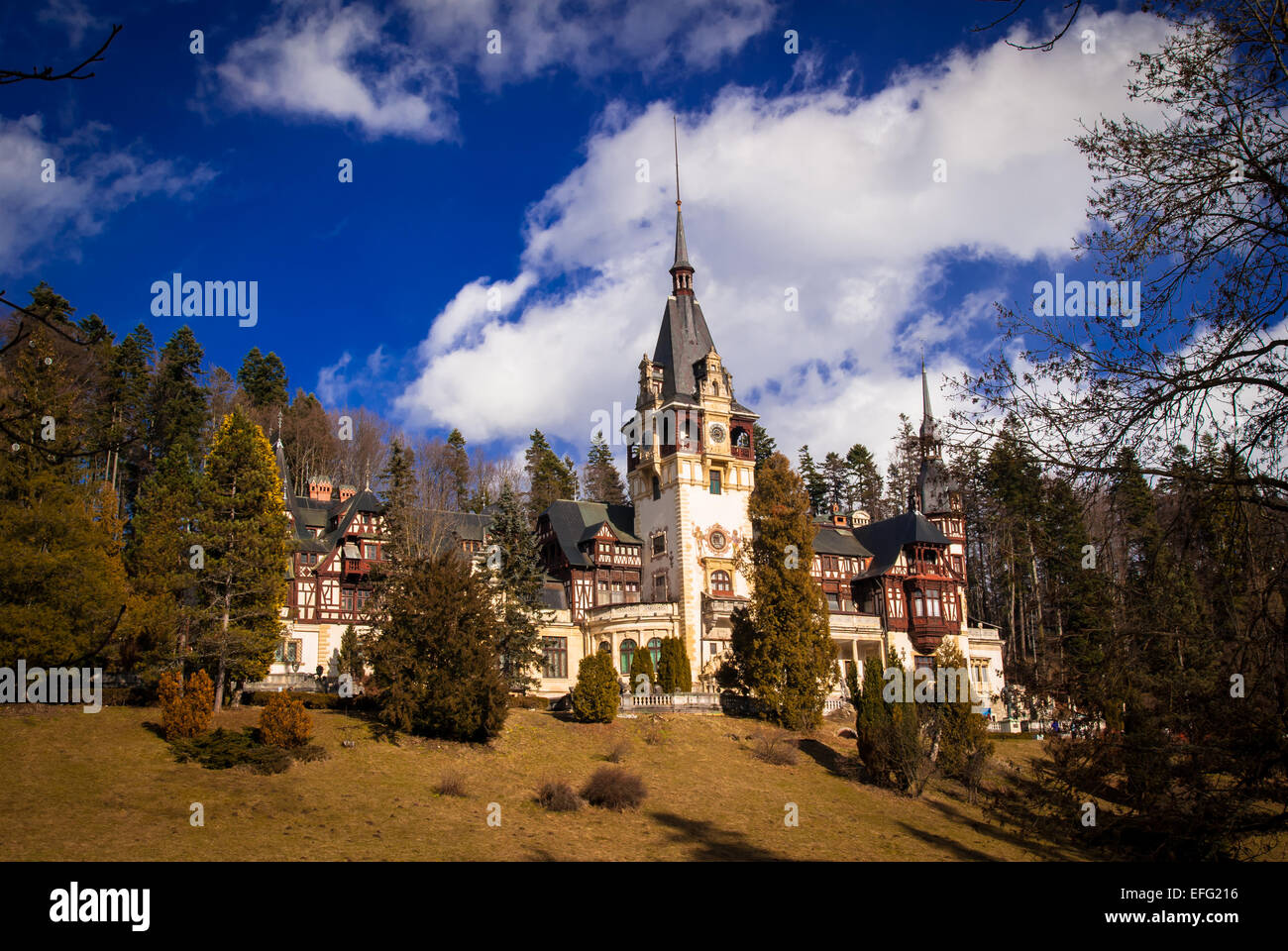 Peles Castle in the Carpathians Mountains, Sinaia, Romania. Stock Photo