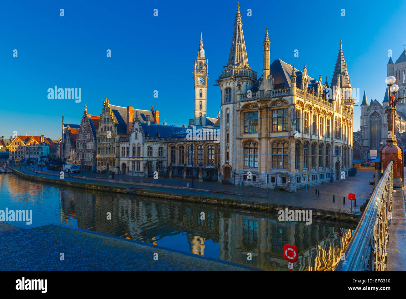 Quay Graslei in Ghent town at morning, Belgium Stock Photo