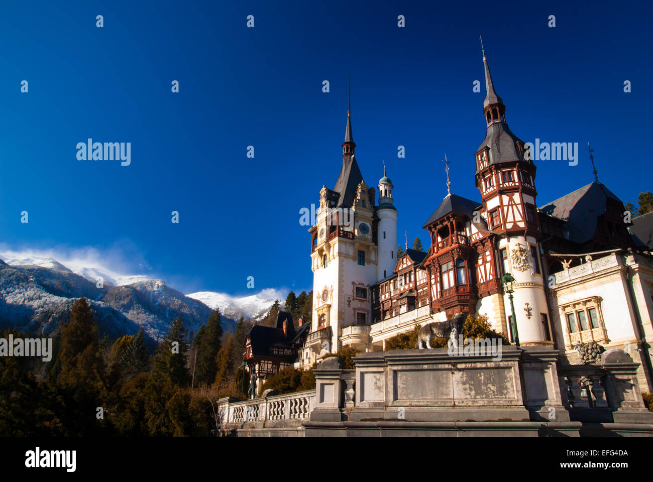 Peles Castle in the Carpathians Mountains, Sinaia, Romania. Stock Photo