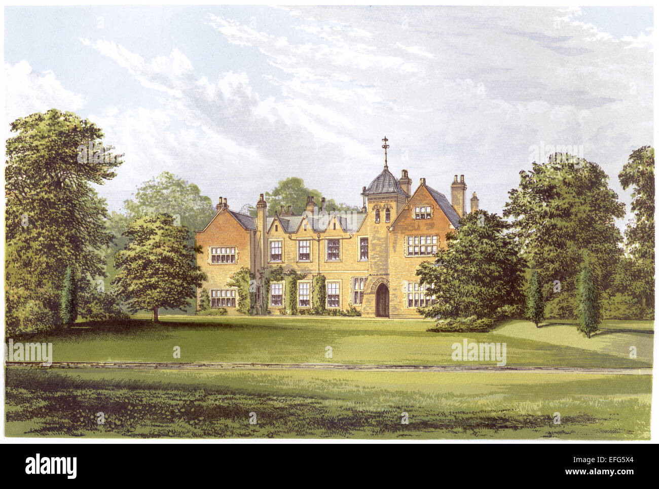 A coloured illustration of Lea House, near Gainsborough, Lincolnshire scanned at high resolution from a book printed in 1870. Stock Photo