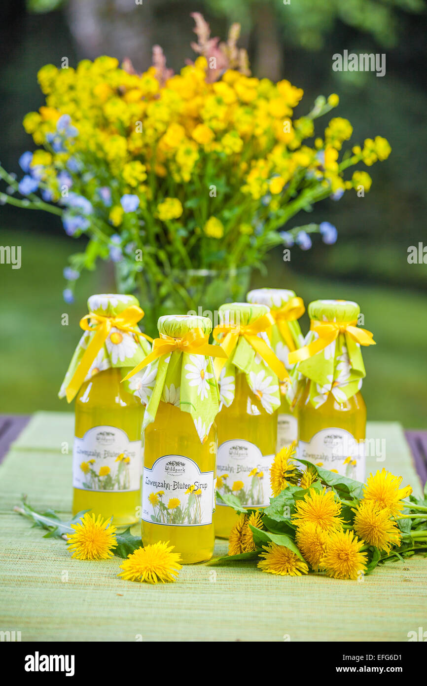 Bottles with dandelion flower syrup in the garden Stock Photo