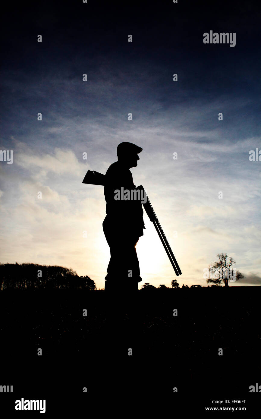 Silhouetted male game shooter standing with shotgun against sunset sky Stock Photo