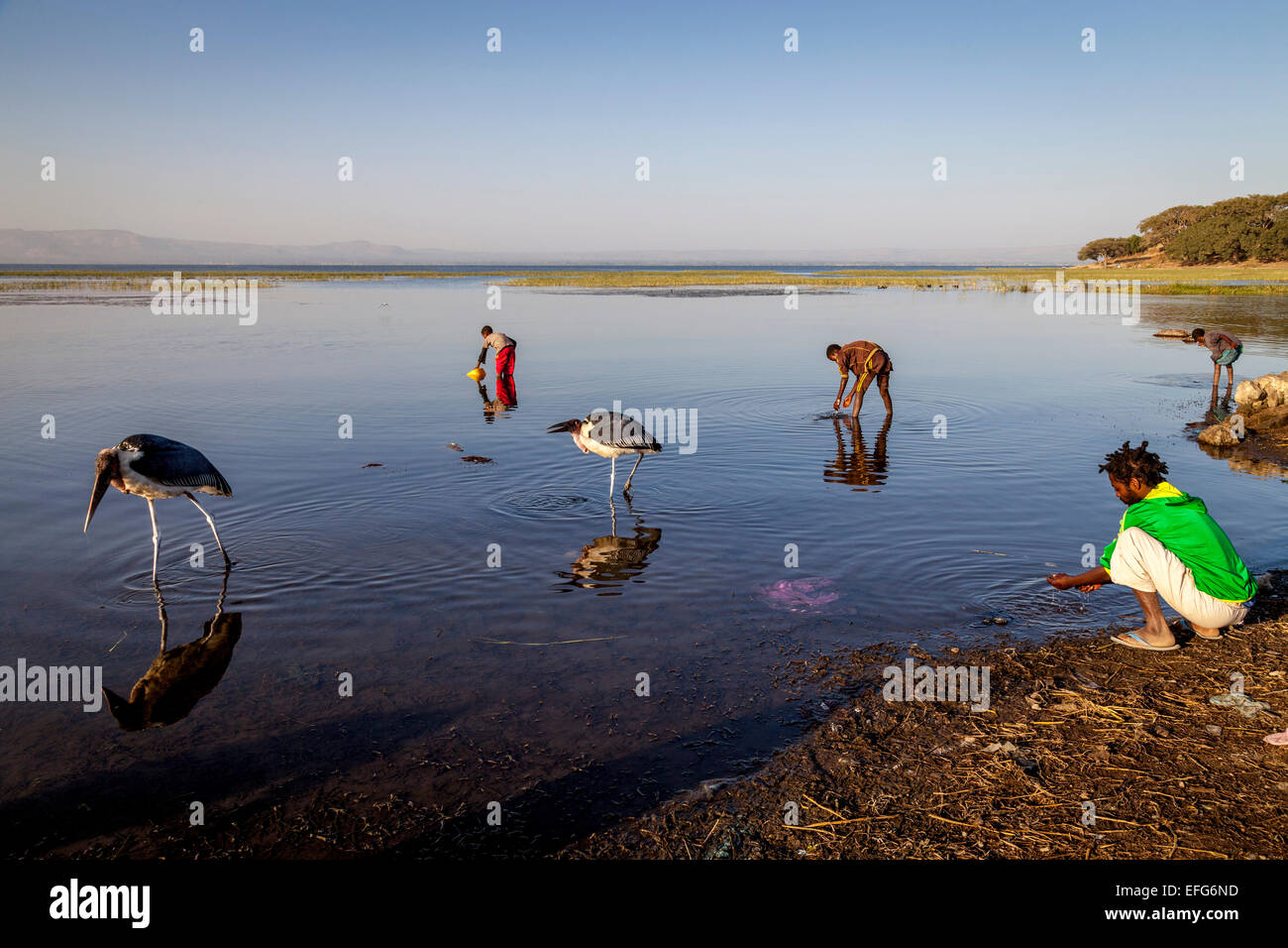 Local People Washing In Lake Hawassa, Hawassa, Ethiopia Stock Photo