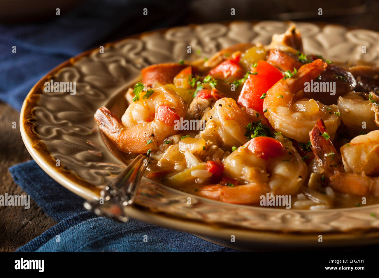 Homemade Shrimp and Sausage Cajun Gumbo Over Rice Stock Photo Alamy