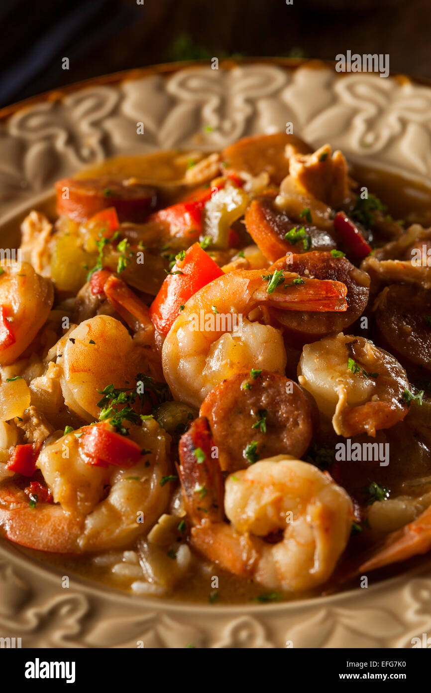 Homemade Shrimp and Sausage Cajun Gumbo Over Rice Stock Photo Alamy
