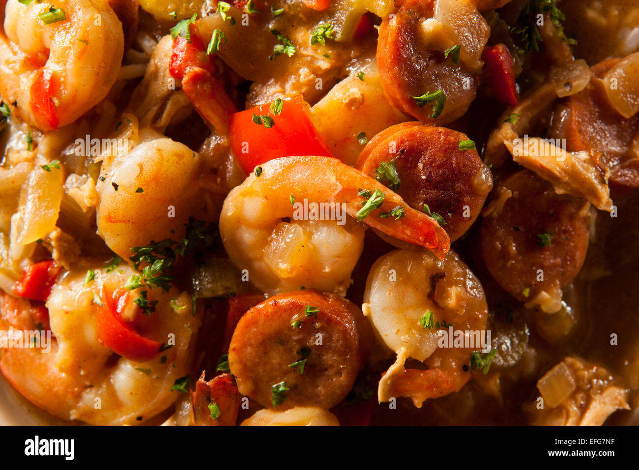Homemade Shrimp and Sausage Cajun Gumbo Over Rice Stock Photo Alamy