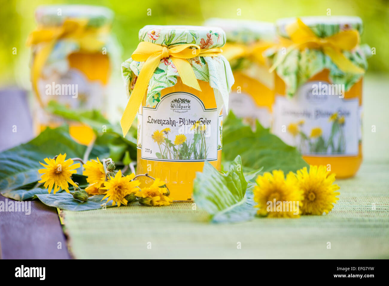 Glasses with dandelion flower jelly in the garden Stock Photo