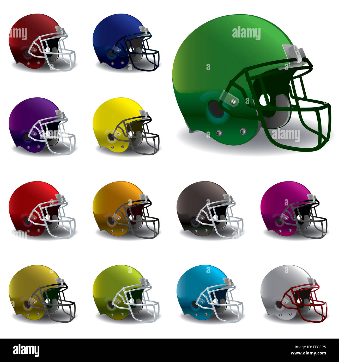 An illustration of American football helmets in various colors Stock