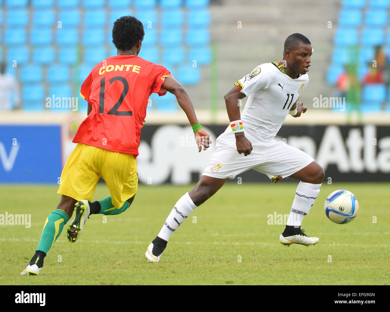 Equitorial Guine. 01st Feb, 2015. African Cup of Nations football tournament. Quarterfinals match between Euitorial Guinea versus Ghana. Ibrahima Cont&#xe9; ( Guinee ) and Mubarak Wakaso ( Ghana ) Credit:  Action Plus Sports/Alamy Live News Stock Photo