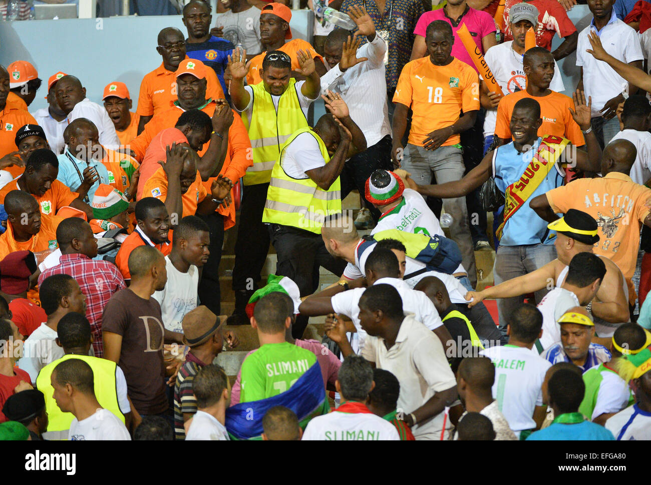 Equitorial Guinea. 01st Feb, 2015. African Cup of Nationsl football tournament. Quarterfinal match between Ivory Coast versus Algeria. Supporters get heated Credit:  Action Plus Sports/Alamy Live News Stock Photo