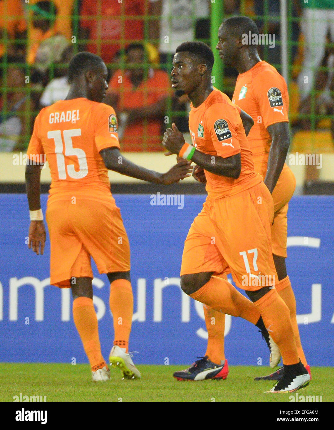 Equitorial Guinea. 01st Feb, 2015. African Cup of Nationsl football tournament. Quarterfinal match between Ivory Coast versus Algeria. Joie des Elephants : Celebrations from Max Alain Gradel and Serge Alain Stephane Aurier (CIV) Credit:  Action Plus Sports/Alamy Live News Stock Photo