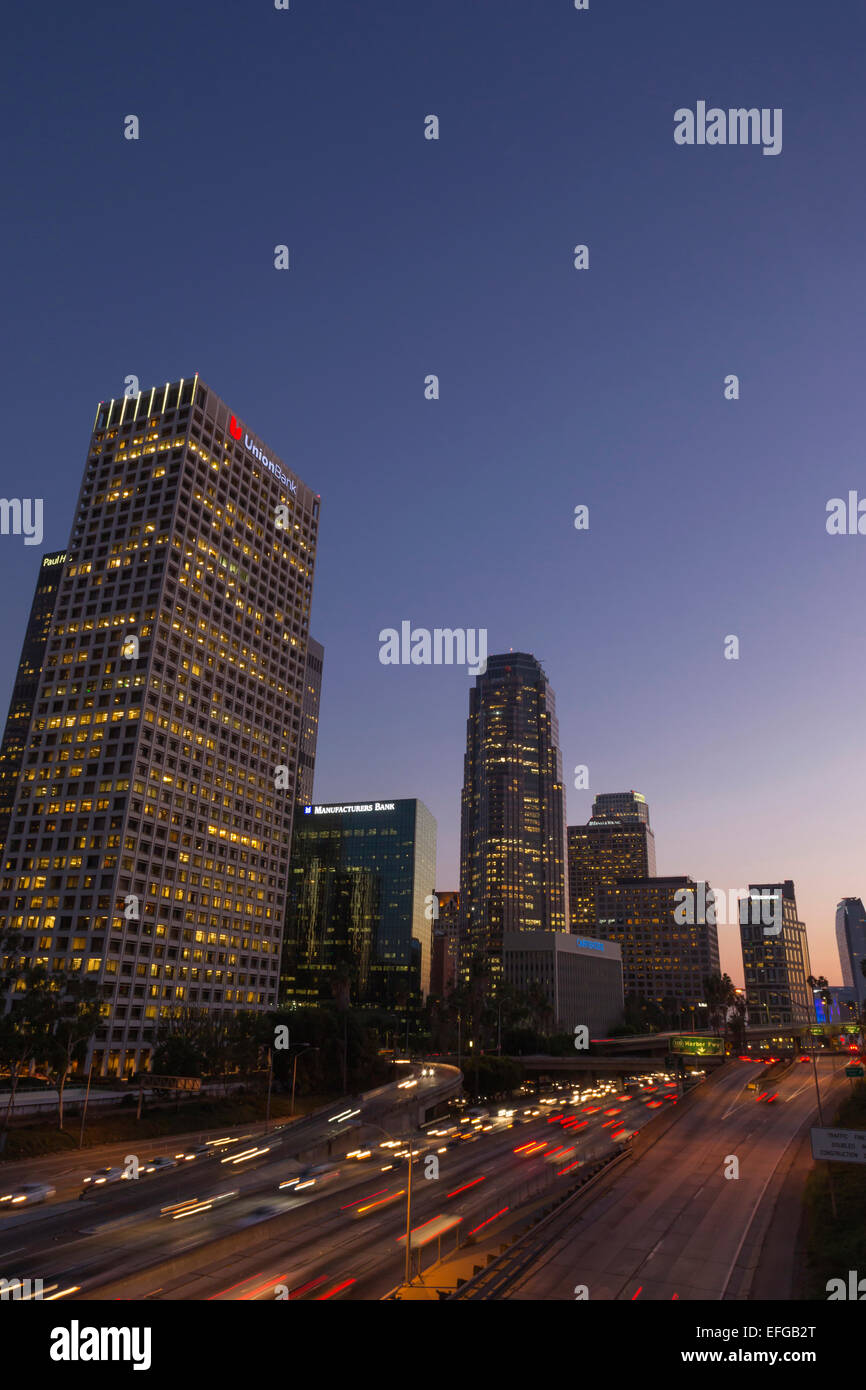 DOWNTOWN SKYLINE INTERSTATE 110 HARBOR FREEWAY LOS ANGELES CALIFORNIA USA Stock Photo