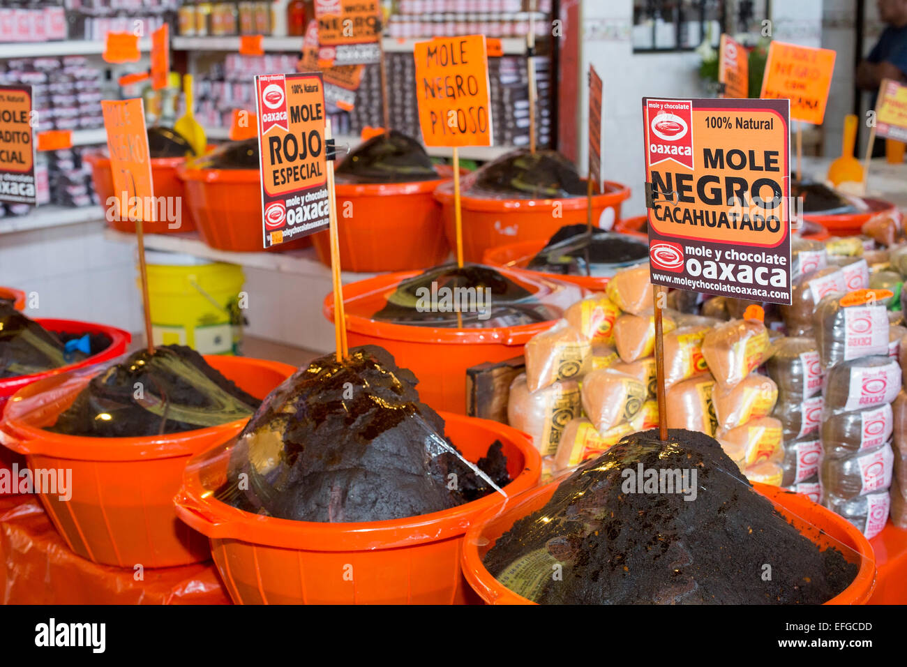 Oaxaca, Mexico - Various kinds of mole on sale at the Benito Juárez Market  Stock Photo - Alamy