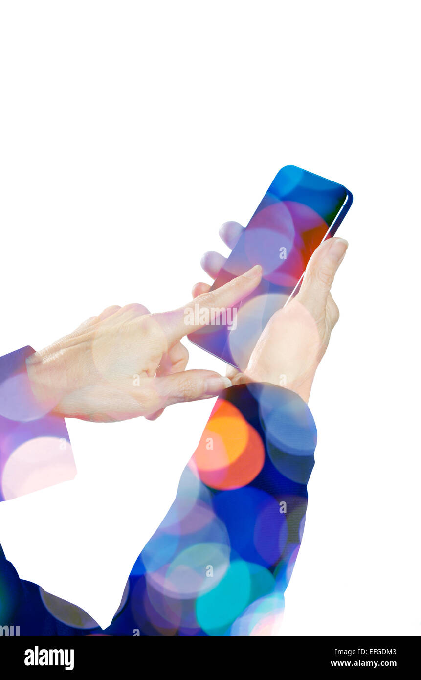 Female hand holding a smart phone with lights Stock Photo - Alamy