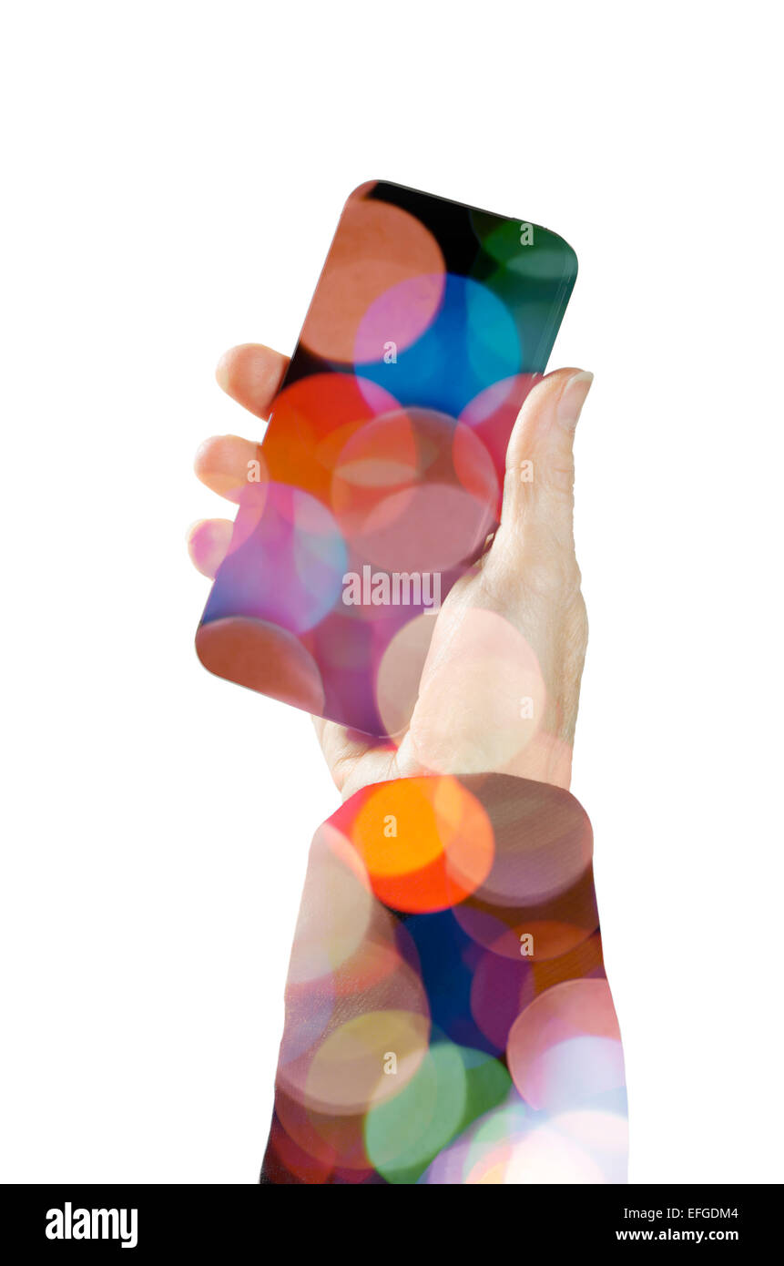 Female hand holding a smart phone with lights Stock Photo - Alamy