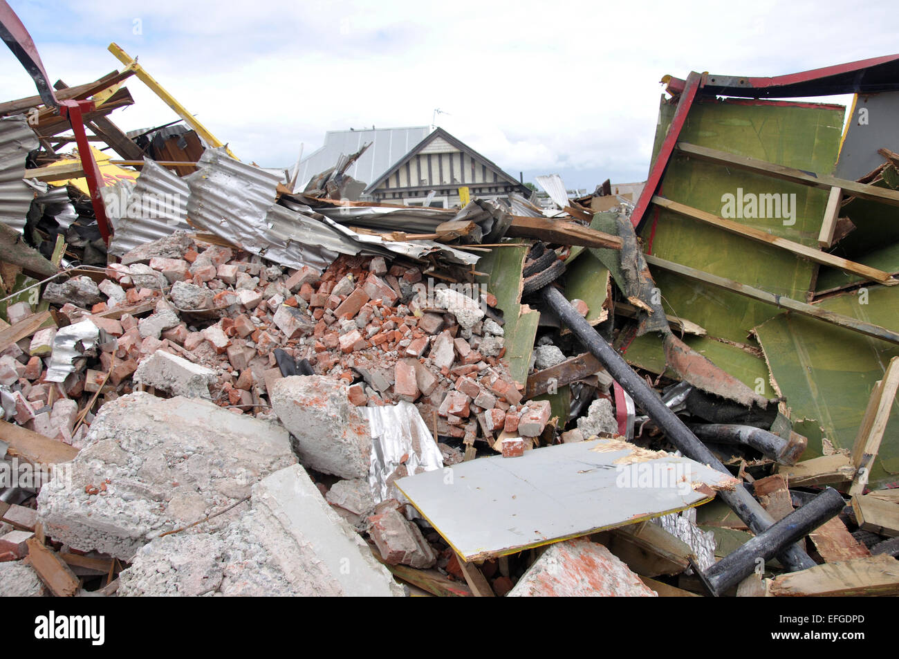 Rubble piled up from the 7.1 magnitude earthquake in Christchurch, South Island, New Zealand, 4-9-2010 Stock Photo