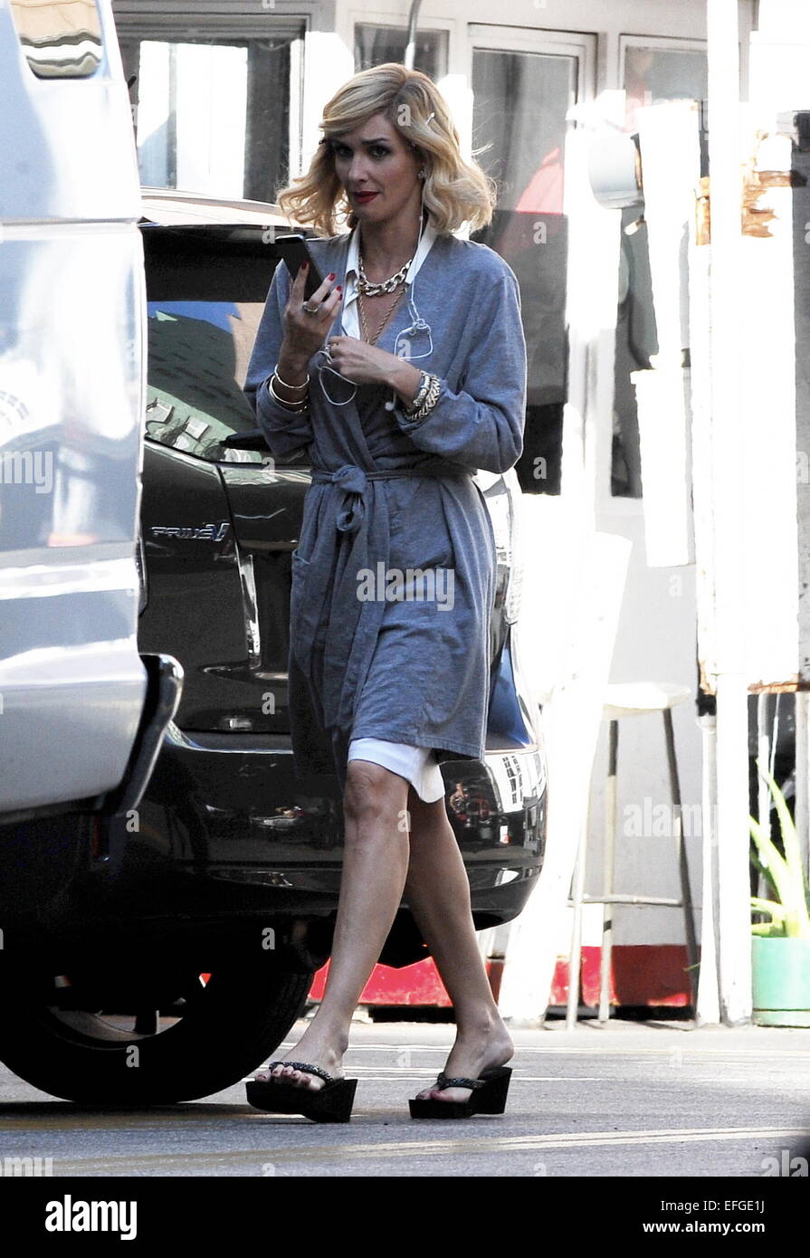 Paz Vega sports a blonde hairdo on the set of 'Beautiful and Twisted,' which is currently filming in downtown Los Angeles. Vega plays a former stripper who is a prime suspect in the murder of her husband.  Featuring: Paz Vega Where: Los Angeles, Californi Stock Photo