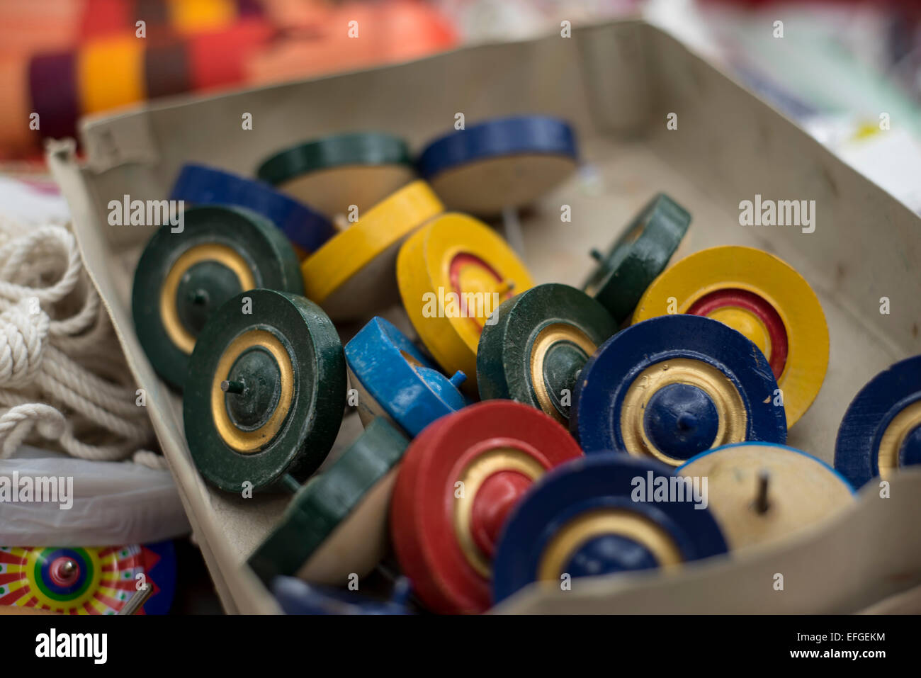 Wooden spinning wheels in a box, Tokyo, Japan Stock Photo