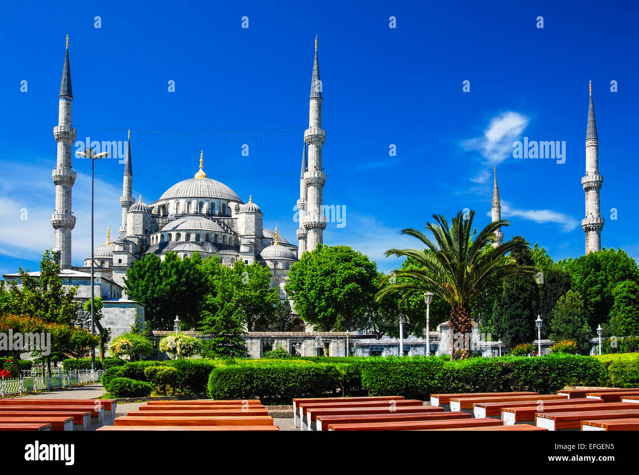 Istanbul, Turkey. Sultan Ahmet Camii named Blue Mosque turkish islamic landmark with six minarets, main attraction of the city. Stock Photo