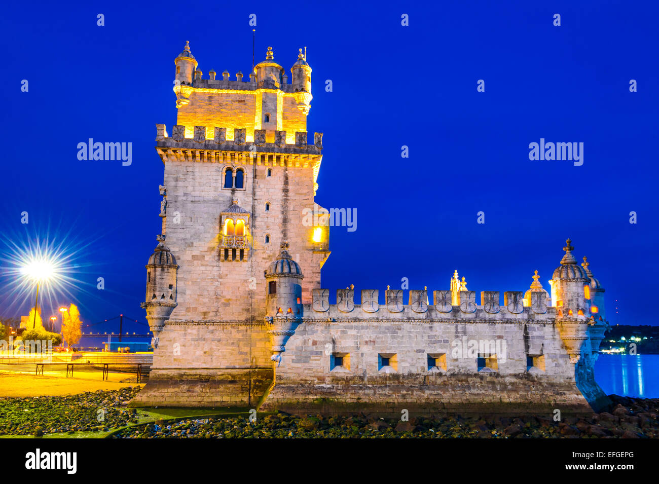 Lisbon, Portugal. Belem Tower (Torre de Belem) is a fortified tower located at the mouth of the Tagus River. Stock Photo