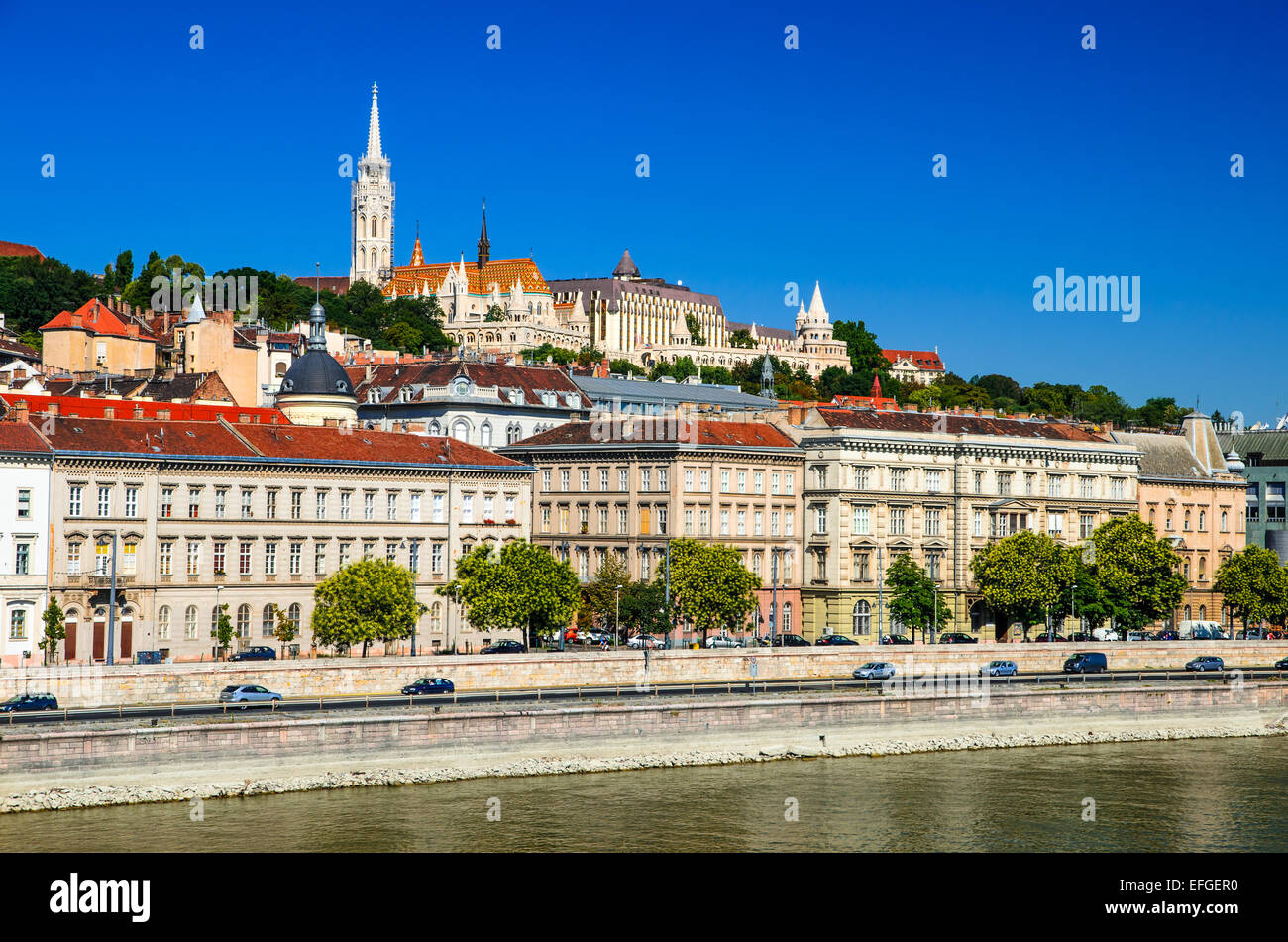 Budapest, Hungary. Danube River scenery and Matthias Church, Fishermen Bastion on Buda hill of magyar capital city. Stock Photo