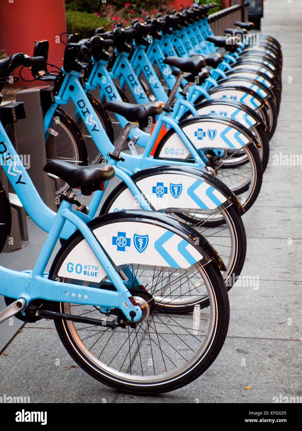 A row of Chicago Divvy bikes. Divvy is a public bicycle sharing system that launched in Chicago