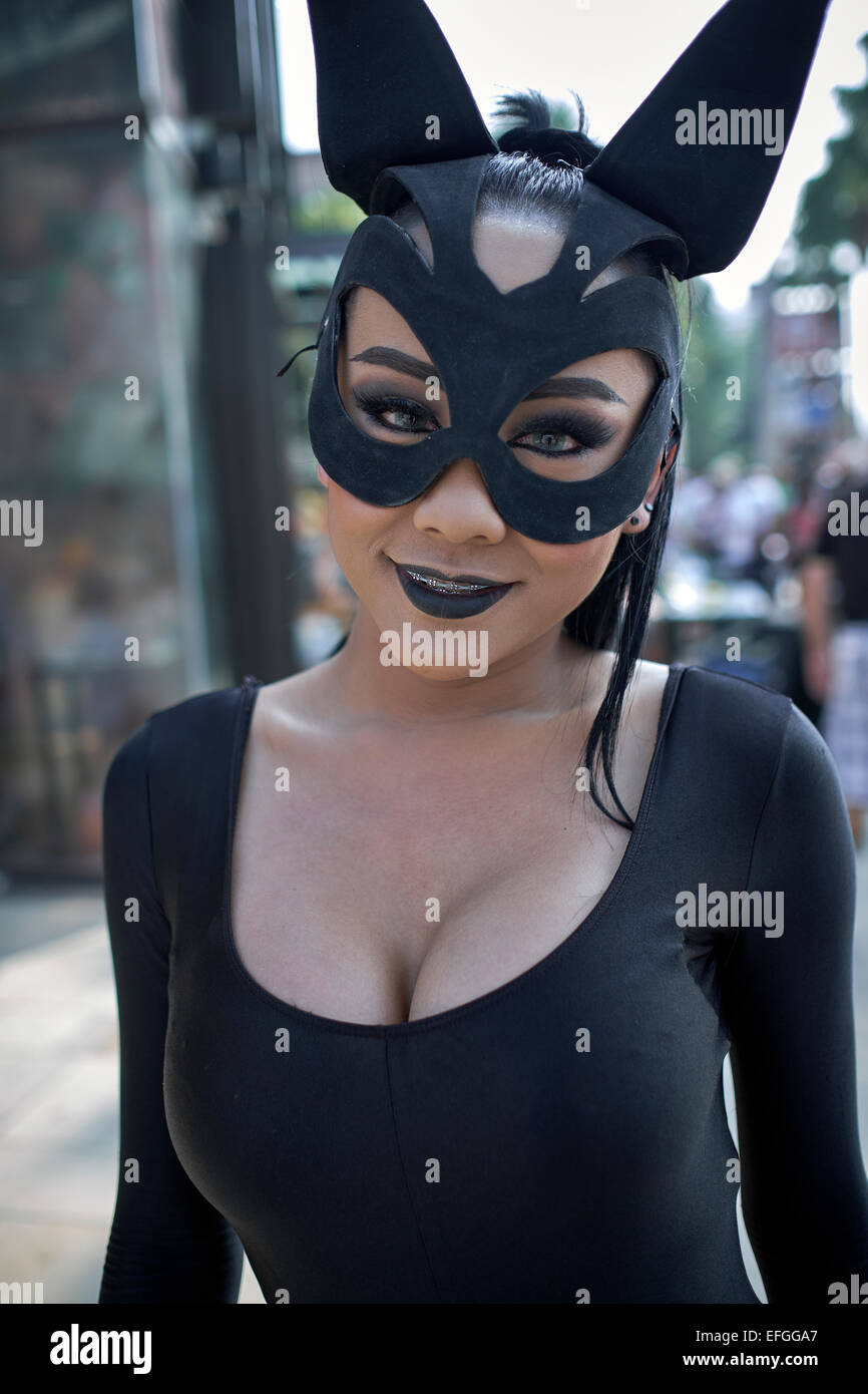 Thailand transsexual dressed as Cat Woman at a street parade. Pattaya Thailand S.E. Asia Stock Photo